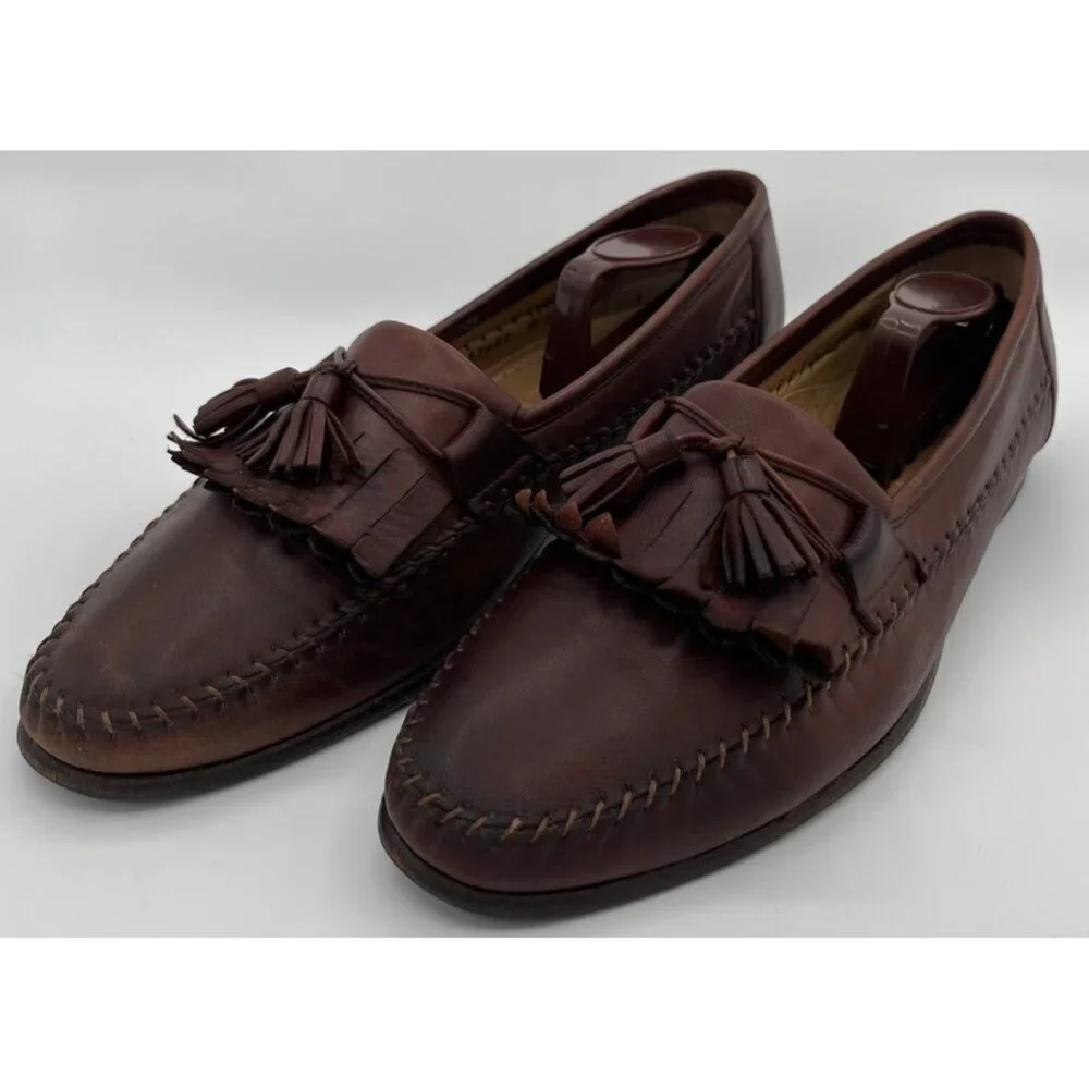 Santoni Italy Handmade Stitched Brown Leather Kiltie Tassell Loafers Men Size 9D